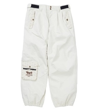 White cargo pants with drawstring waist, multiple pockets, and elastic cuffs at the ankles, shown flat on white background.