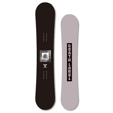 Two snowboards standing upright, one dark with a square graphic and dotted accents, the other light gray with a vertical brand label.