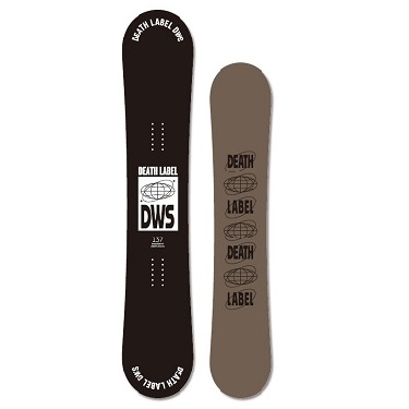 Two snowboards standing upright side by side; the left is black with Death Label branding and a white logo, the right is brown with repeated Death Label logos.