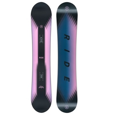 Pair of Ride snowboards with black tips and pink-purple chevron edges; left board shows'RIDE' branding along the center, right board features vertical 'RIDE' letters on a blue-purple gradient.