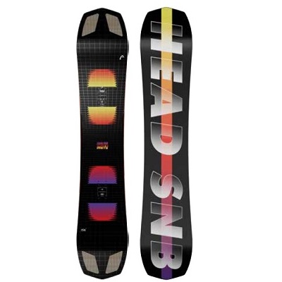Pair of black snowboards with bold graphic designs: one shows stacked warm-gradient color blocks, the other has large vertical lettering along its length.