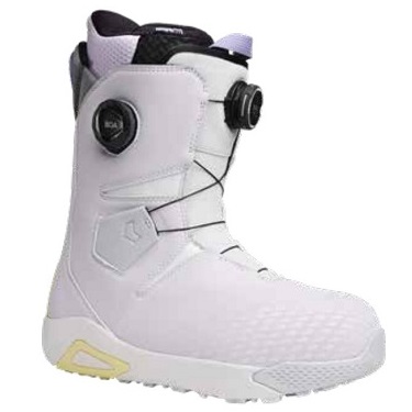 White snowboarding boot with a BOA dial and pastel accents, showing a rugged sole for grip