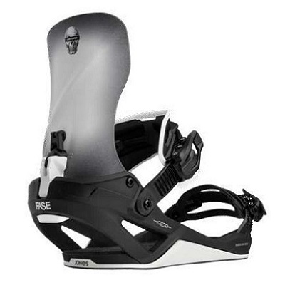 Snowboard binding with highback, ankle and toe straps, and ratchet buckles in black and gray