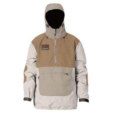 MOON - SHOP NEWS | ムラサキスポーツオンラインストア 通販 Color-blocked hooded windbreaker with tan, beige, and gray panels and a large front pocket.