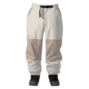 MOON 1 - SHOP NEWS | ムラサキスポーツオンラインストア 通販 Color-block jogger pants in beige and gray with a black drawstring and elastic cuffs at the ankles.