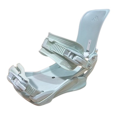 White snowboard binding with adjustable straps and high-back, shown from a side angle on a white background.