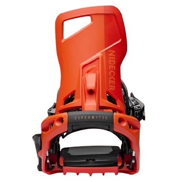 Orange snowboard binding with a high orange backplate, black base, and buckles visible from the front.