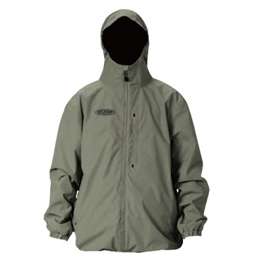 OLIVE 1 - SHOP NEWS | ムラサキスポーツオンラインストア 通販 Olive-gray hooded windbreaker with front zipper, logo patch on left chest, and elastic cuffs on a white background.