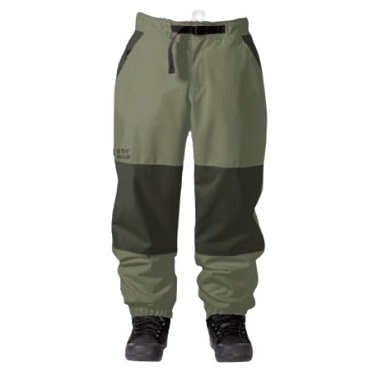 OLIVE 2 - SHOP NEWS | ムラサキスポーツオンラインストア 通販 Two-tone olive-green outdoor pants with reinforced dark knee panels and drawstring waistband, shown with hiking boots for rugged use.