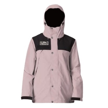 ROSEWOOD - SHOP NEWS | ムラサキスポーツオンラインストア 通販 Light pink rain jacket with black shoulder panels and hood; front button closure.