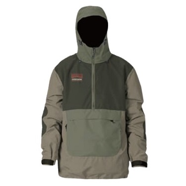 SHROOM - SHOP NEWS | ムラサキスポーツオンラインストア 通販 Color-blocked hooded windbreaker jacket with a large front pocket in olive and beige tones.