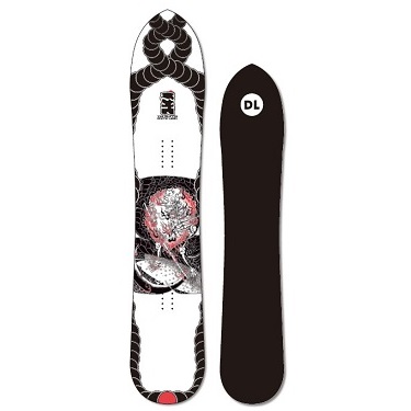 Snowboard shown from both sides: top features black patterned edges and a central circular graphic with red accents; bottom is solid black with a small DL logo at the top.