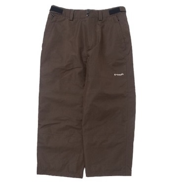 Brown hiking pants with belt loops and zip fly, laid flat on a white background.
