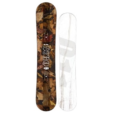 Two skis displayed side by side: left ski with a brown camouflage pattern and visible branding, right ski plain white with subtle gray graphics.