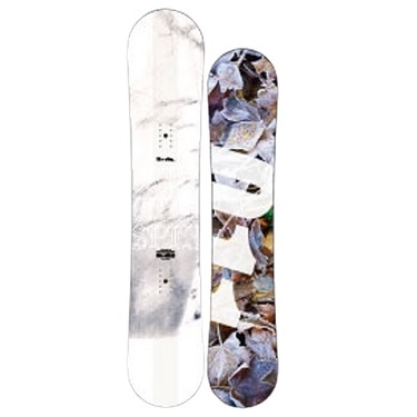 Two snowboards standing upright: one white marble pattern and one colorful collage design.