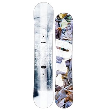 Two snowboards standing upright side by side, one with icy blue pattern and the other with a floral, collage-style design.