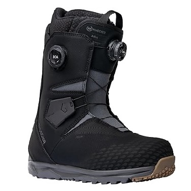 Black snowboard boot with BOA dial and rugged outsole, mid-height ankle support.