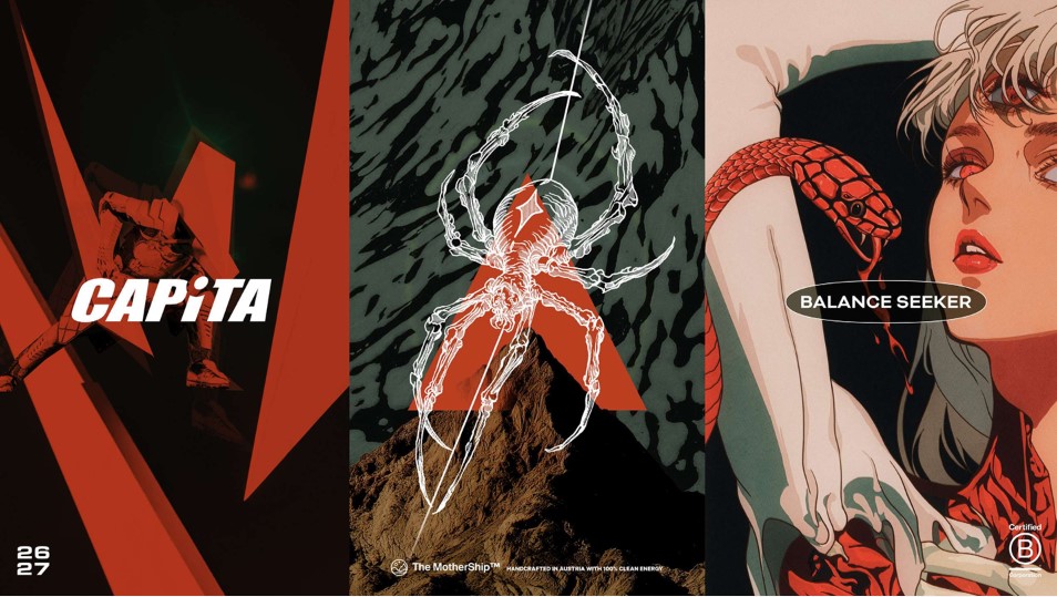 Triptych posters: left Capita climber; middle white skeletal scorpion on a red mountain; right woman with snake and Balance Seeker badge.
