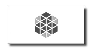 Geometric hexagon logo made of grayscale triangles centered on a white card.