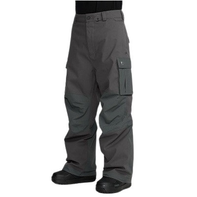 Gray cargo pants with multiple front and side pockets, loose fit, shown from waist to feet with black footwear.