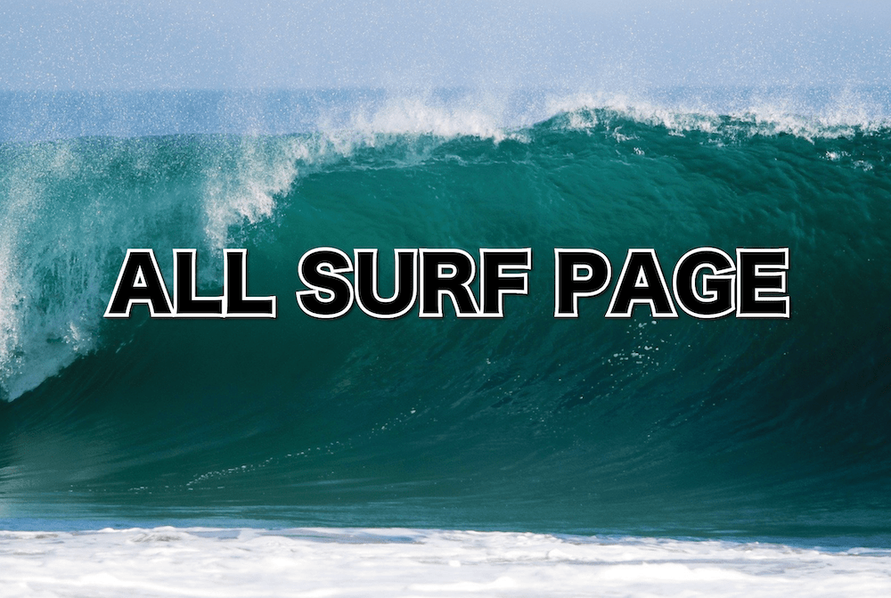 Curling ocean wave with bold'ALL SURF PAGE' text overlay on a blue-green sea banner.