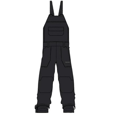Black bib-style snow pants with shoulder straps, multiple cargo pockets, and reinforced knees.