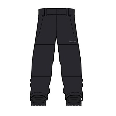 Black ski/snow pants with belt, reinforced knees, zip pockets, and integrated boot gaiters.