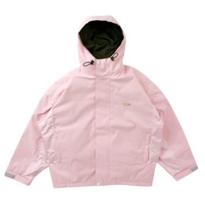 Pink hooded windbreaker jacket with front zipper and drawstrings, front view, lightweight outerwear.