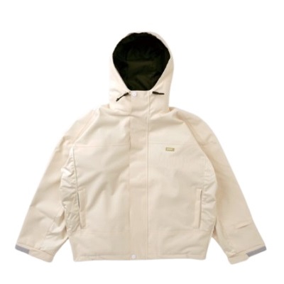 Light beige hooded jacket with front zipper and two side pockets, inner dark lining visible at hood.