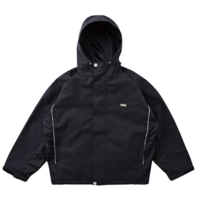 Black hooded rain jacket with a zip front and small chest logo, featuring zip pockets and reflective piping along the sides.