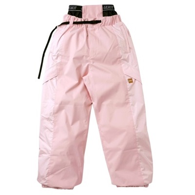 Light pink loose-fit cargo pants with an adjustable black drawstring at the waist and multiple pockets.