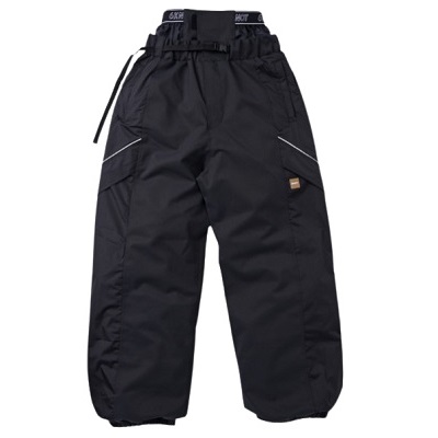Black baggy cargo pants with an adjustable waist, zippered side pockets, and elastic cuffs at the ankles for outdoor wear.
