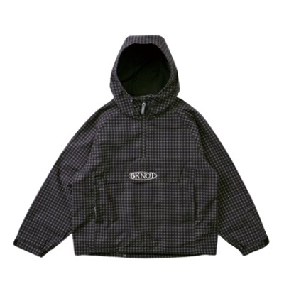 Dark checkered pullover hooded jacket with front kangaroo pocket and chest logo