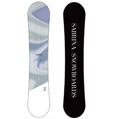 Two snowboards standing upright side by side: left with a light blue marbled graphic, right is black with vertical white text'SABRINA SNOWBOARDS'.