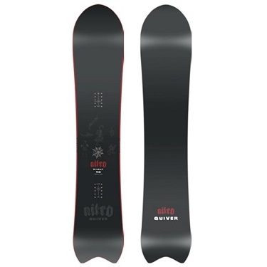 Pair of Nitro Quiver snowboards with a dark gradient finish and red edge on the left board, shown side by side to display branding and graphics.