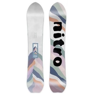 Pair of skis with white bases and pastel zigzag patterns; one ski features bold black lettering along its length.