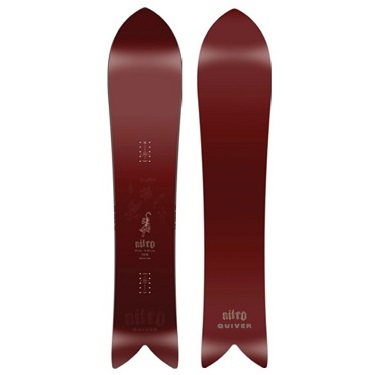 Pair of red Nitro Quiver skis with a dark-to-light gradient and white branding along the length.