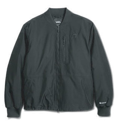 Front view of a dark gray bomber jacket with zip closure, two side pockets, a chest pocket, and ribbed cuffs.