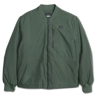 Olive-green windbreaker jacket with full front zipper, ribbed cuffs, and a small chest zip pocket with Vans logo.