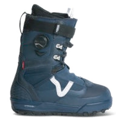 Blue snowboard boot with buckles and a white V-shaped logo, shown in side profile.