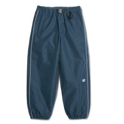 Navy blue waterproof rain pants with elastic waist, cuffed ankles, and reflective side piping.