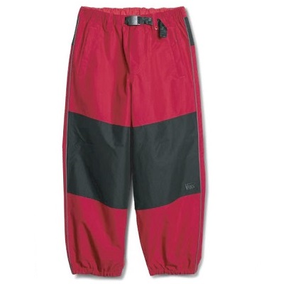 Red and black color-blocked windpants with an elastic waist and gathered cuffs, shown full-length from the front.