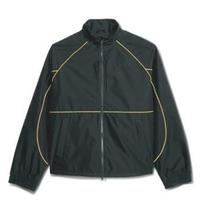 Black windbreaker jacket with tan piping, front zipper, and elastic cuffs.