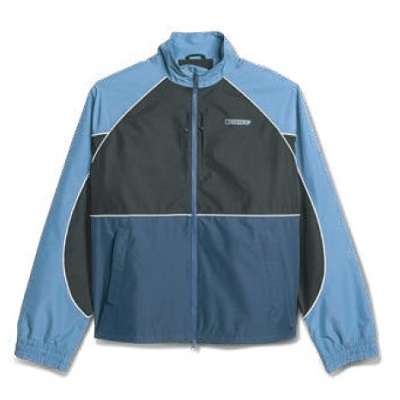 Color-block windbreaker jacket with front zipper in light blue, navy, and gray.