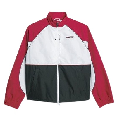 Color-block windbreaker jacket with white upper panel, black front pockets, and maroon sleeves; full-zip front.