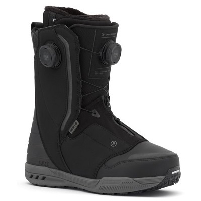 Black snowboard boot with two BOA dials, padded collar, and rugged gray sole.