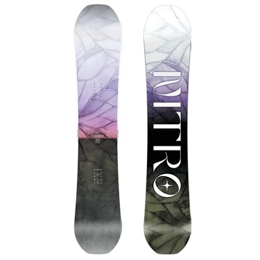 Two Nitro snowboards standing upright with a purple-to-black gradient and geometric pattern; the right board features a bold white 'NITRO' logo with a star in the O.