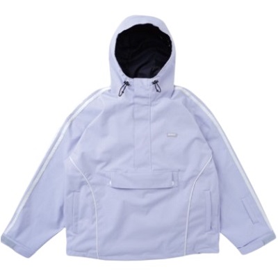 Light lavender windbreaker with hood, white piping along sleeves, and a front pocket.