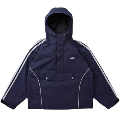 Navy blue hooded windbreaker jacket with white stripes along the sleeves, front pouch pocket, and a drawstring hood.