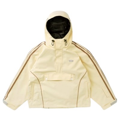 Beige hooded windbreaker with tan striped sleeves, front pocket, and drawstrings at the hood and hem.